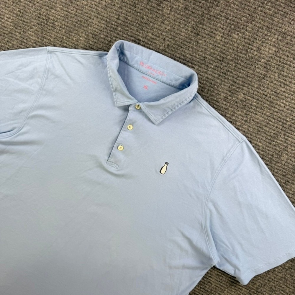 B. Draddy Mens XL Light Blue 100% Pima Cotton Milk Bottle Logo Golf Polo Shirt